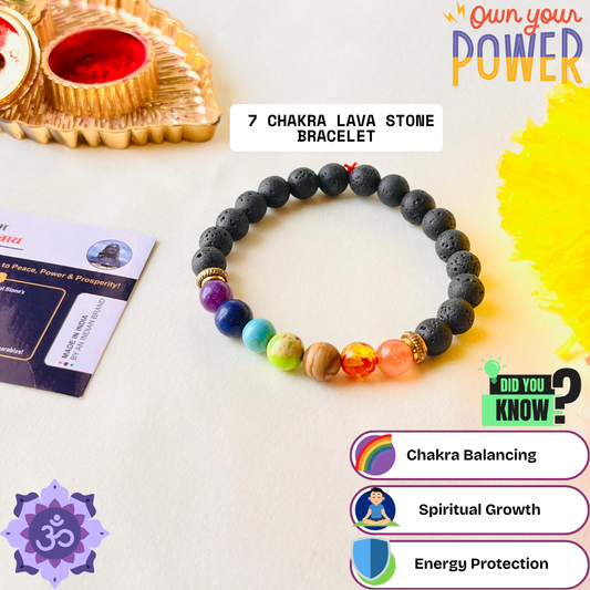 🌈 7 Chakra Lava Stone Crystal Bracelet + 🎁 Free Laxmi Silver Plated Coin! 🖤✨