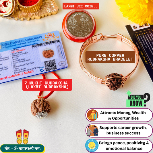 📿 7 Mukhi Rudraksha (Lab Certified) + Pure Copper Rudraksha Bracelet – Combo + 🪙 Gift (Laxmi Ji Silver-Plated Coin)