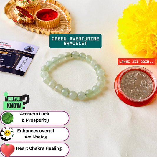 🍃 Green Aventurine Bracelet + 🪙 Gift (Laxmi Ji Silver-Plated Coin)