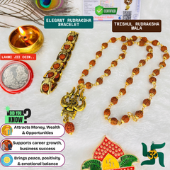 (1 +1+Gift) Golden Plated Om Trishul Rudraksha Mala with Elegant Rudraksha Bracelet & š Surprise Gift!