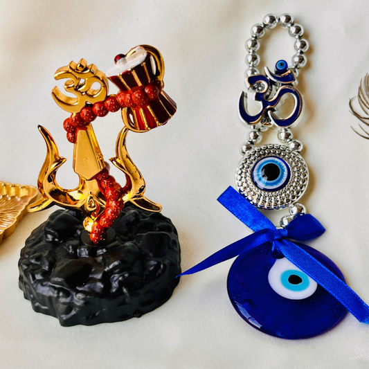 🔱 Divine Protection Combo – Golden Trishool-Damroo with Om & Rudraksha Idol + 🧿 Om Evil Eye Wall Hanging