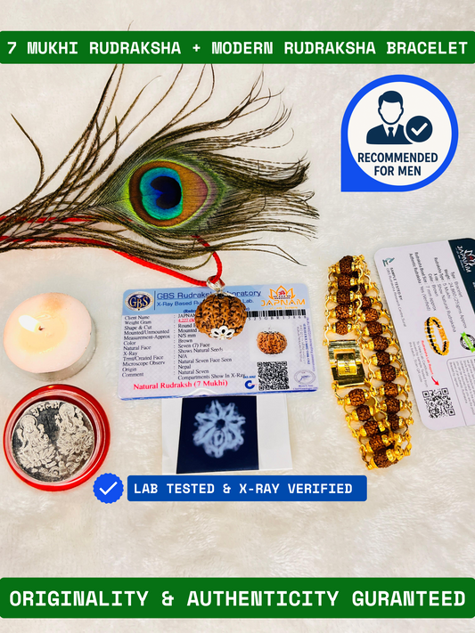 (Lab Certified & X-Ray Verified) 7 Mukhi Rudraksha + Modern 5 Mukhi Bracelet With Free 🎁 Laxmi jii Silver Plated Coin