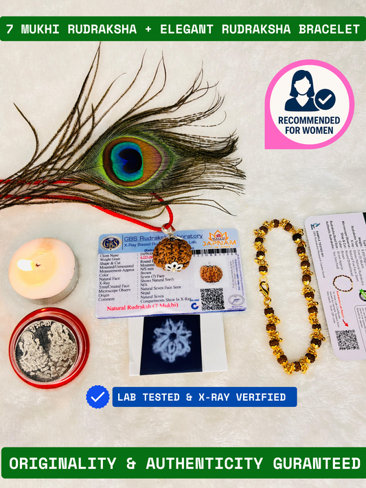 (Lab Certified & X-Ray Verified) 7 Mukhi Rudraksha + Modern 5 Mukhi Bracelet With Free 🎁 Laxmi jii Silver Plated Coin