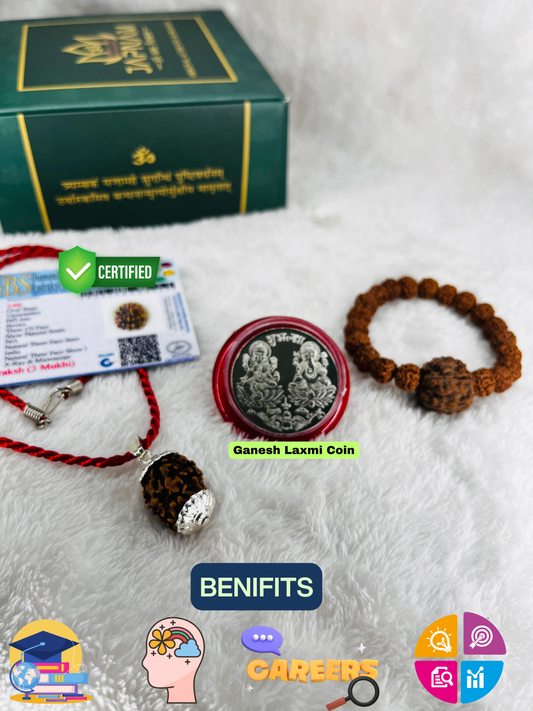 3 Mukhi Rudraksha With Lab Certified - Original +  FREE Divine Rudraksha Bracelet + 𝐅𝐫𝐞𝐞 🎁 Laxmi Ganesha Silver Plated Coin