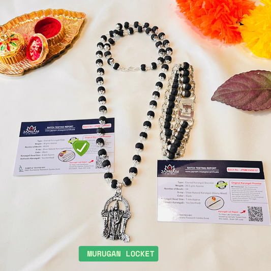 🌿 Silver-Plated Eternal Karungali Malai with Murugan Locket + bracelet combo (Lab certified) - 🎁 Free Gift🖤✨