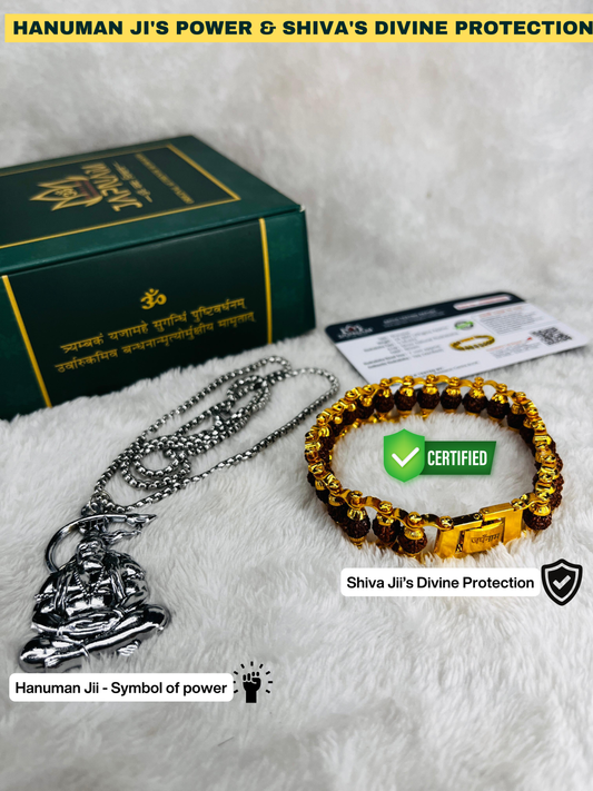 Meditation Hanuman Ji Silver Pendant With Chain + 5 Mukhi Rudraksha Bracelet Combo + 🎁 Surprise Gift