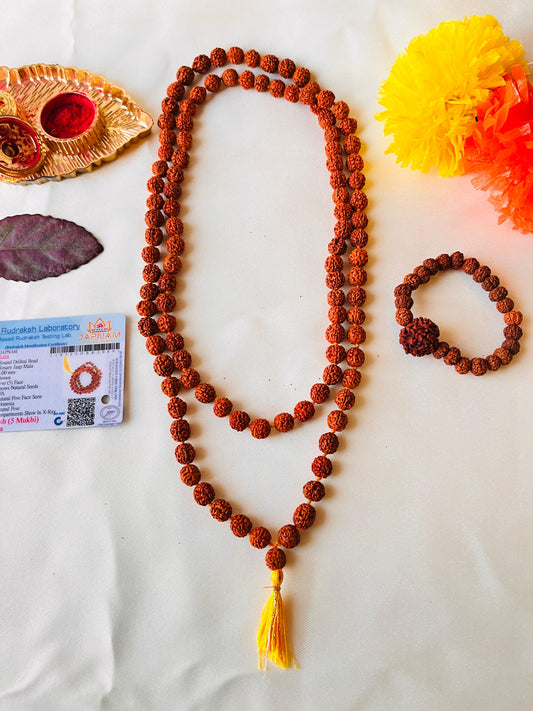 Original 5 Mukhi Rudraksha Jaap Mala 108 Beads (Lab tested) – Unlock Divine Energy! + Free Rudraksha Bracelet & Mysterious Gift!✨