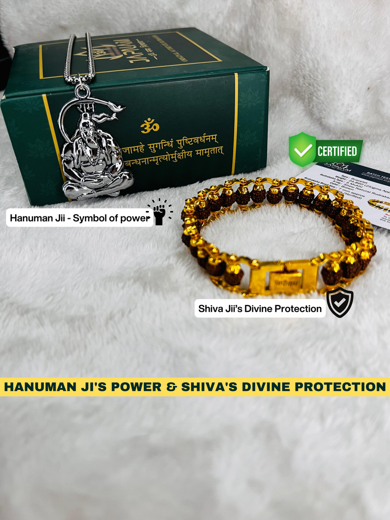Meditation Hanuman Ji Silver Pendant With Chain + 5 Mukhi Rudraksha Bracelet Combo + 🎁 Surprise Gift