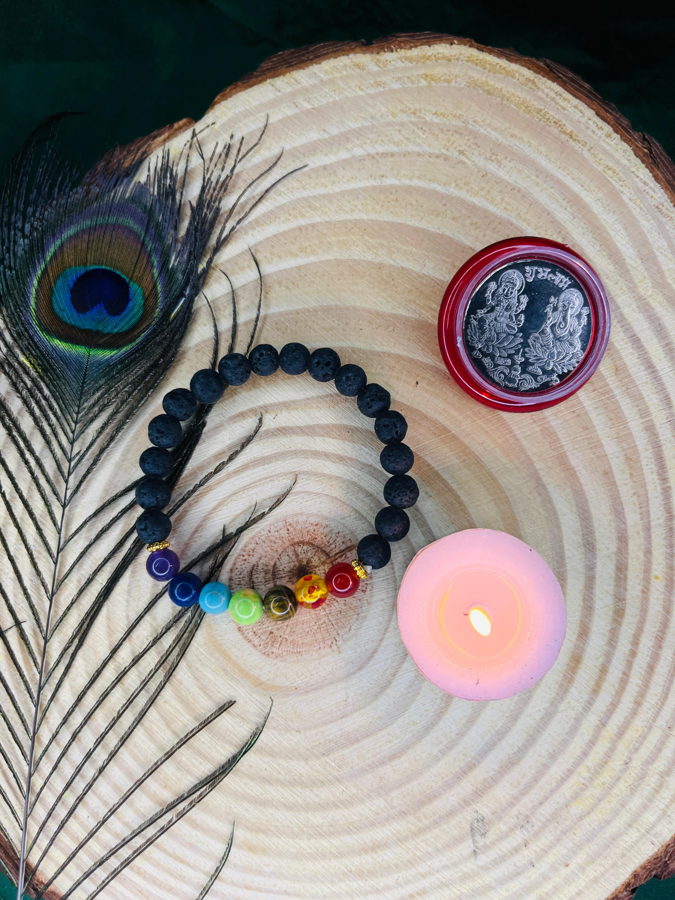 🌈 7 Chakra Lava Stone Crystal Bracelet + 🎁 Free Laxmi Silver Plated Coin! 🖤✨