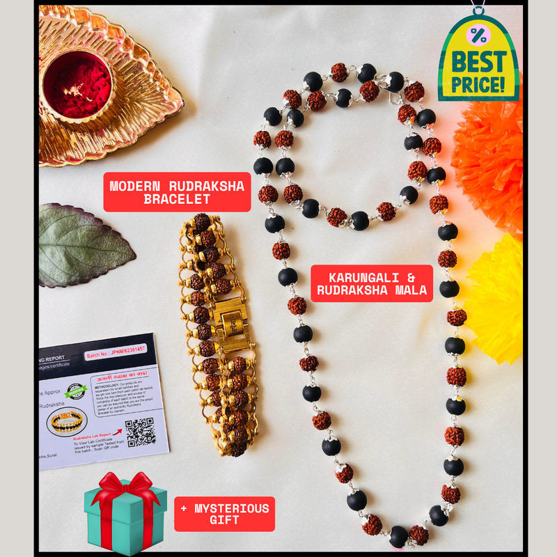 🌿 Divya Raksha Karungali & Rudraksha Kavach Mala + Choice of Bracelet Combo (Lab-Certified) + Free Gift 🎁