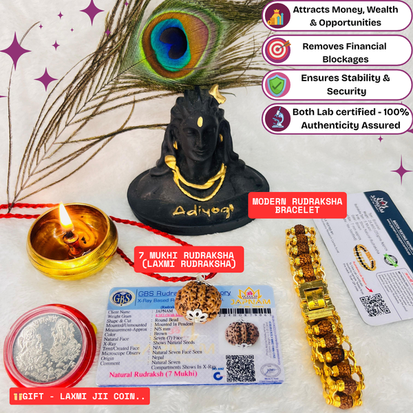 (1 +1+Gift) 7 Mukhi Rudraksha + Modern 5 Mukhi Rudraksha Bracelet (Lab Certified) - Combo with Gift 🎁 Laxmi Silver Plated Coin
