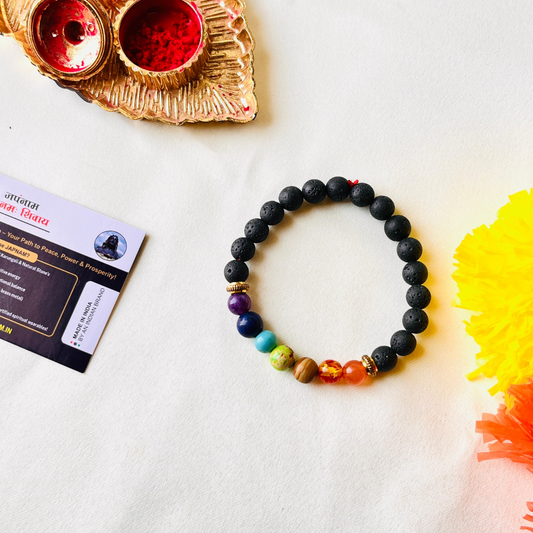 🌈 7 Chakra Lava Stone Crystal Bracelet + 🎁 Free Laxmi Silver Plated Coin! 🖤✨
