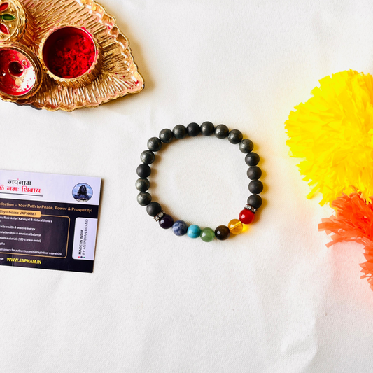 🌈 7 Chakra Pyrite Bracelet + 🎁 Gift (Laxmi Ji Silver-Plated Coin) – Certified