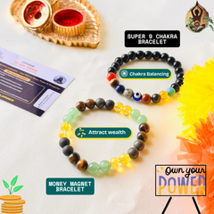 Money Magnet + Super 9 Chakra - Bracelet Lab certified Combo + 🪙 Gift (Laxmi Ji Silver-Plated Coin) – Wealth, Balance & Divine Blessings