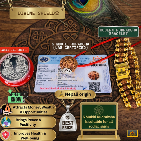 Divine Shield: 5 Mukhi Rudraksha (Nepali origin) + Modern Rudraksha Bracelet  - (Lab certified)+ 🎁 Gift – Laxmi Ji Silver-Plated Coin