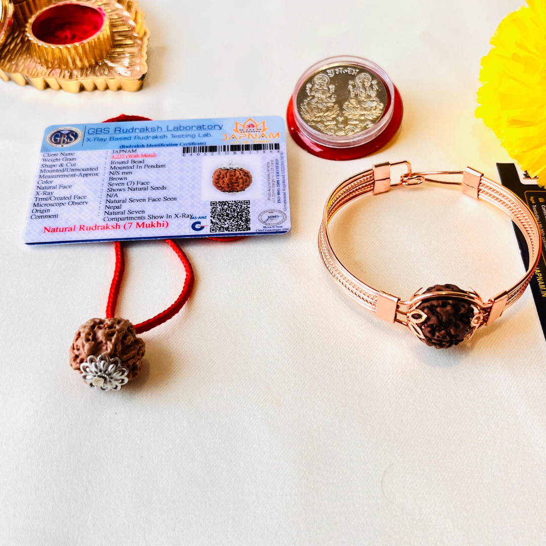 📿 7 Mukhi Rudraksha (Lab Certified) + Pure Copper Rudraksha Bracelet – Combo + 🪙 Gift (Laxmi Ji Silver-Plated Coin)