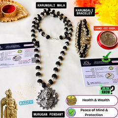 🌿 Silver-Plated Eternal Karungali Mala with Murugan Locket + bracelet combo (Lab certified) - 🎁 Free Gift🖤✨