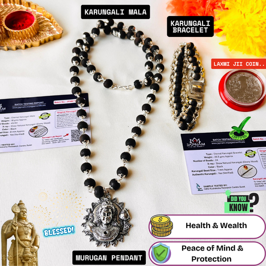 🌿 Silver-Plated Eternal Karungali Mala with Murugan Locket + bracelet combo (Lab certified) - 🎁 Free Gift🖤✨