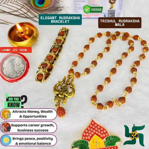 Trishul Om Rudraksha Mala & Elegant Bracelet Set [Lab Certified] + 🎁 FREE Laxmi Ji Silver Plated Coin