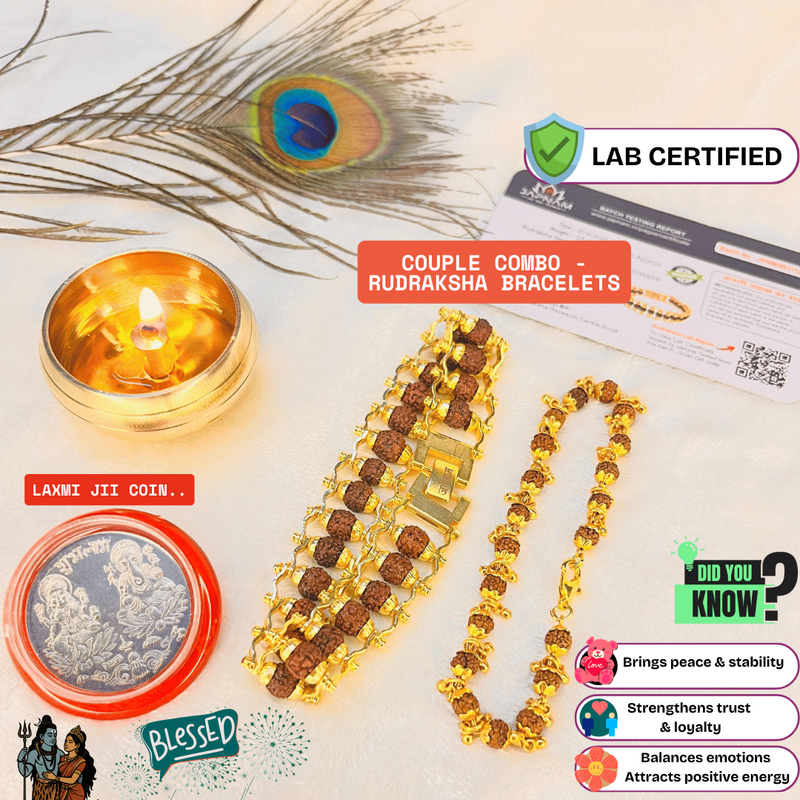 (1 +1+Gift) Golden Couple Rudraksha Designer Bracelets (5 Mukhi) - Elegant Combo with a Gift 🎁 Laxmi Silver Plated Coin💫