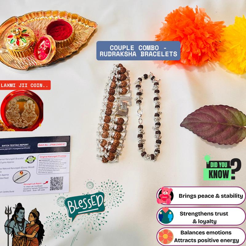 (1 +1+Gift) Golden Couple Rudraksha Designer Bracelets (5 Mukhi) - Elegant Combo with a Gift 🎁 Laxmi Silver Plated Coin💫