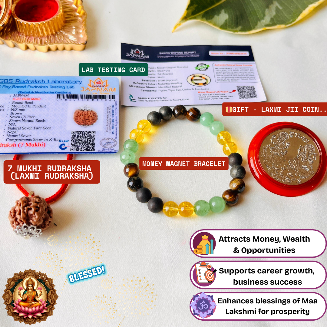 7 Mukhi Laxmi Rudraksha & Money Magnet Bracelet - Lab certified + 🎁 Free Silver-Plated Laxmi Coin