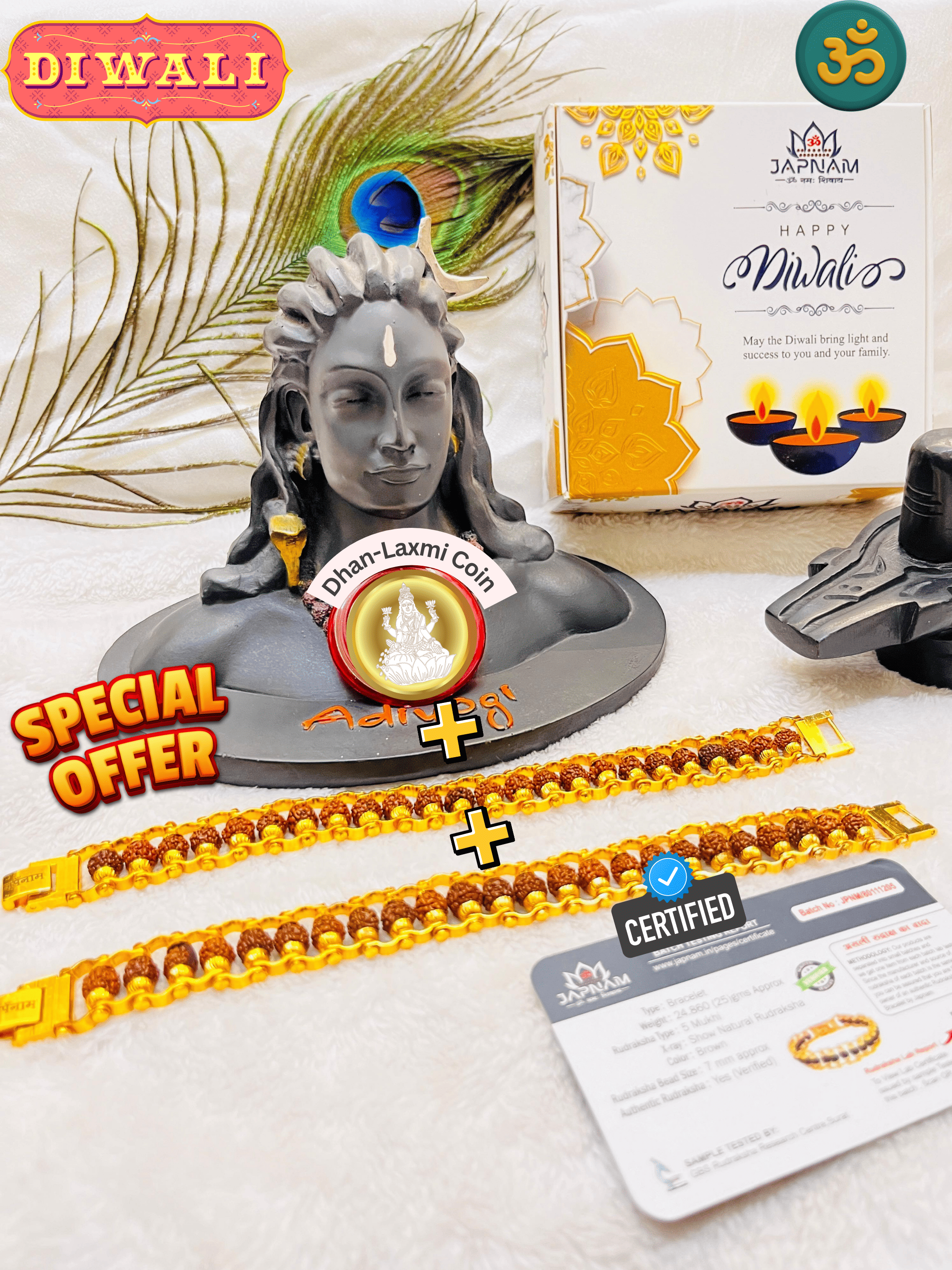 🪔 𝐃𝐢𝐰𝐚𝐥𝐢 𝐒𝐩𝐞𝐜𝐢𝐚𝐥 : Original Natural Rudraksha Bracelet (5 Mukhi) -Buy 1 Get 1 Free! (Lab Tested) + 𝐅𝐫𝐞𝐞 🎁 Laxmi Ganesha Silver Plated Coin