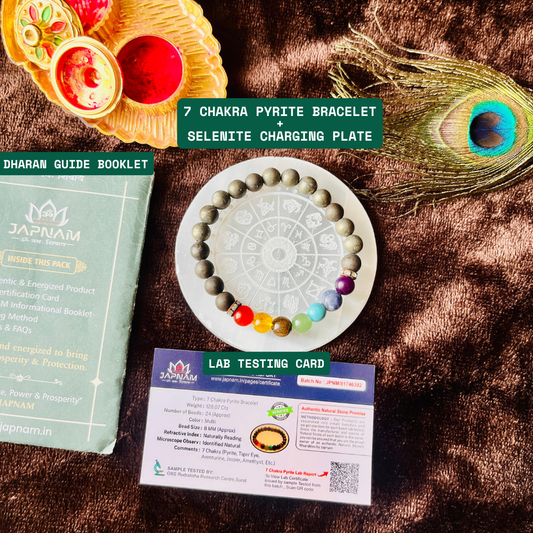 🌈 7 Chakra Pyrite Bracelet + ✨ Selenite Plate Combo (Certified) + 🪙 Gift (Laxmi Ji Silver-Plated Coin)