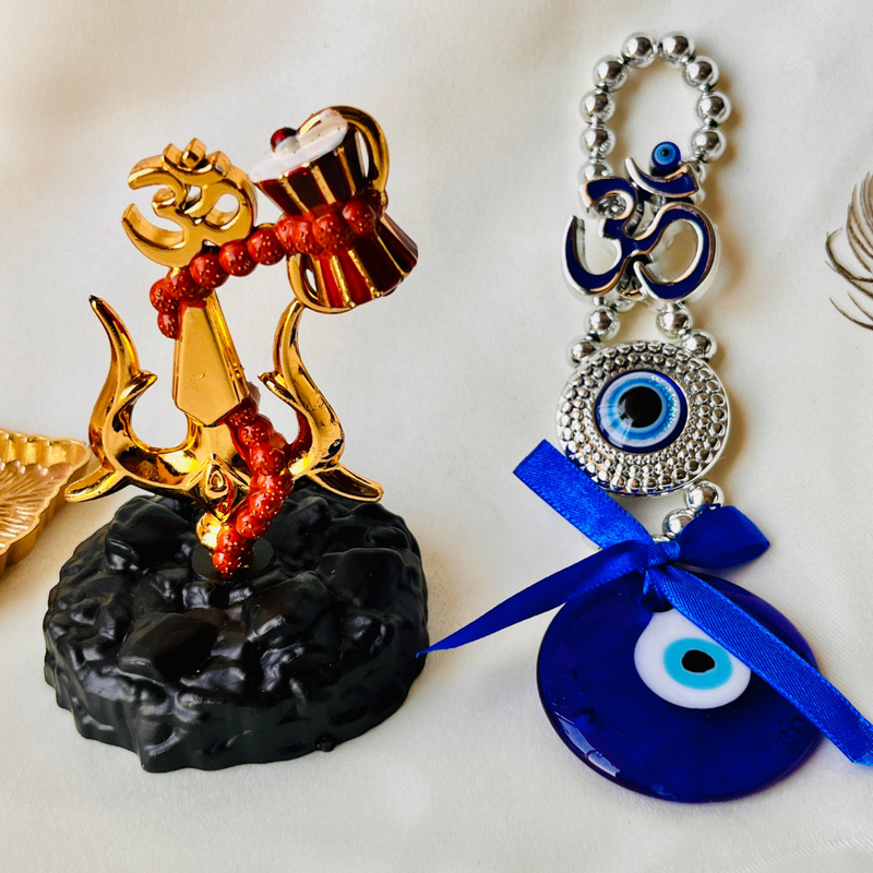 🔱 Divine Protection Combo – Golden Trishool-Damroo with Om & Rudraksha Idol + 🧿 Om Evil Eye Wall Hanging