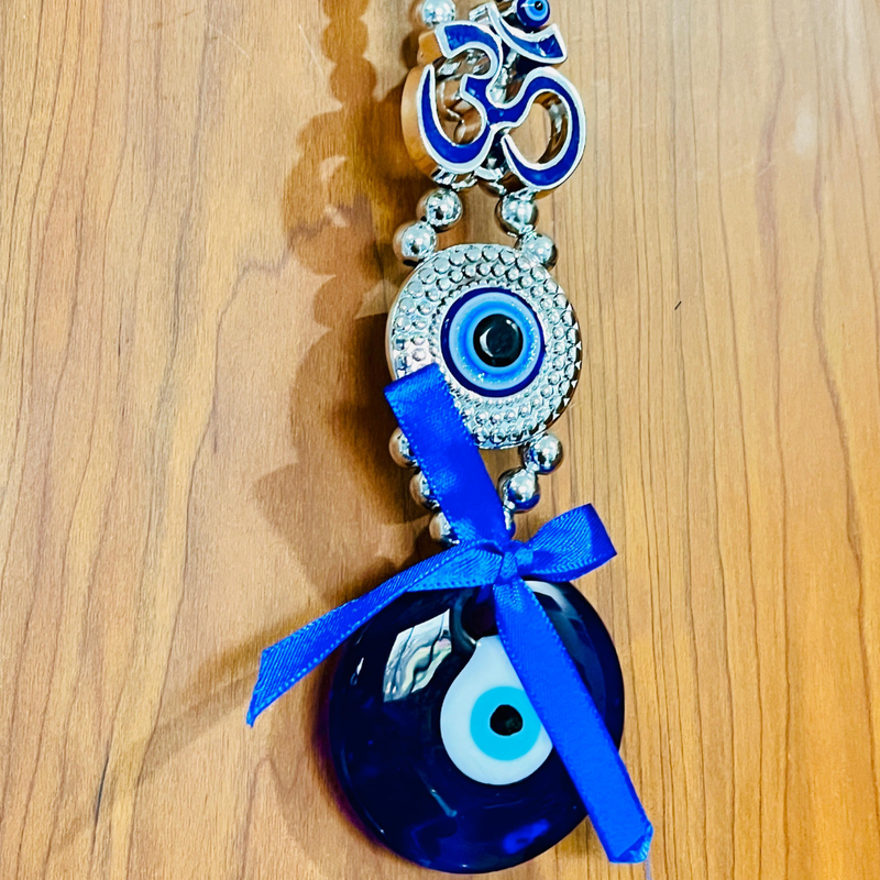 🔱 Divine Protection Combo – Golden Trishool-Damroo with Om & Rudraksha Idol + 🧿 Om Evil Eye Wall Hanging