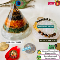 🔺 Conical Dhan Yog Pyramid + 💰 Money Magnet Bracelet with ✨ Selenite Charging Plate + 🎁 Mysterious Gift