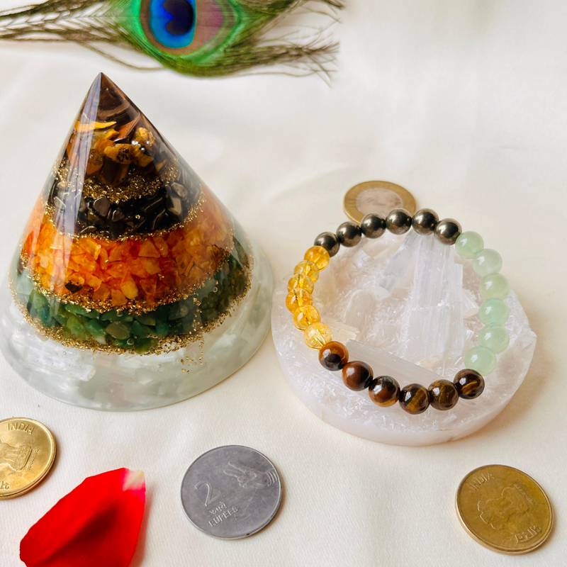 🔺 Conical Dhan Yog Pyramid + 💰 Money Magnet Bracelet with ✨ Selenite Charging Plate + 🎁 Mysterious Gift