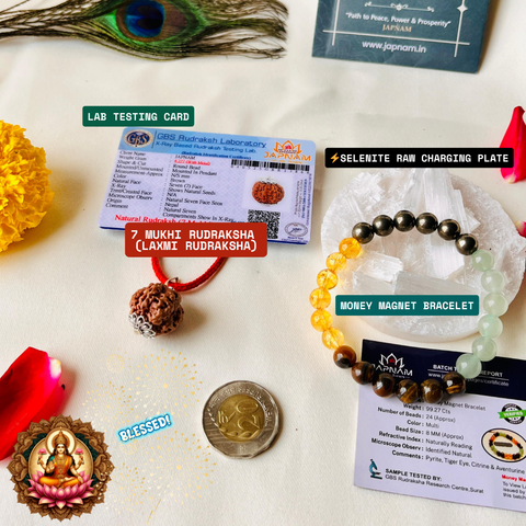 Lakshmi Siddhi Combo – 7 Mukhi Rudraksha & Money Magnet Bracelet with Selenite Charging Plate (Lab Certified) + 🎁 Mystery Gift