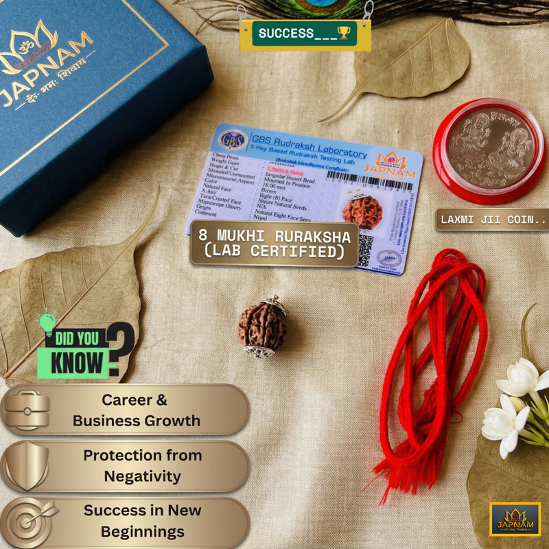 8 Mukhi Rudraksha (Original Nepali Origin & Lab Certified) + 🎁 Gift – Laxmi Ji Silver-Plated Coin