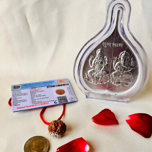 Lakshmi Kripa Combo – 7 Mukhi Rudraksha & 999 Silver Leaf Laxmi Ji Frame (Lab Certified) + 🎁 Mystery Gift