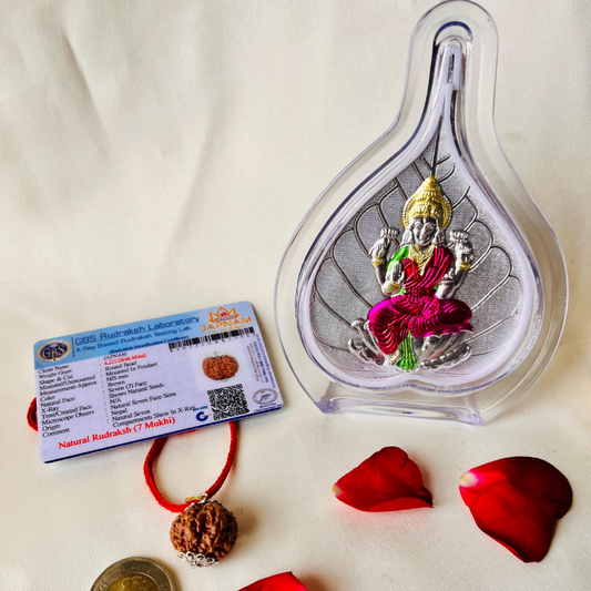 Lakshmi Kripa Combo – 7 Mukhi Rudraksha & 999 Silver Leaf Laxmi Ji Frame (Lab Certified) + 🎁 Mystery Gift
