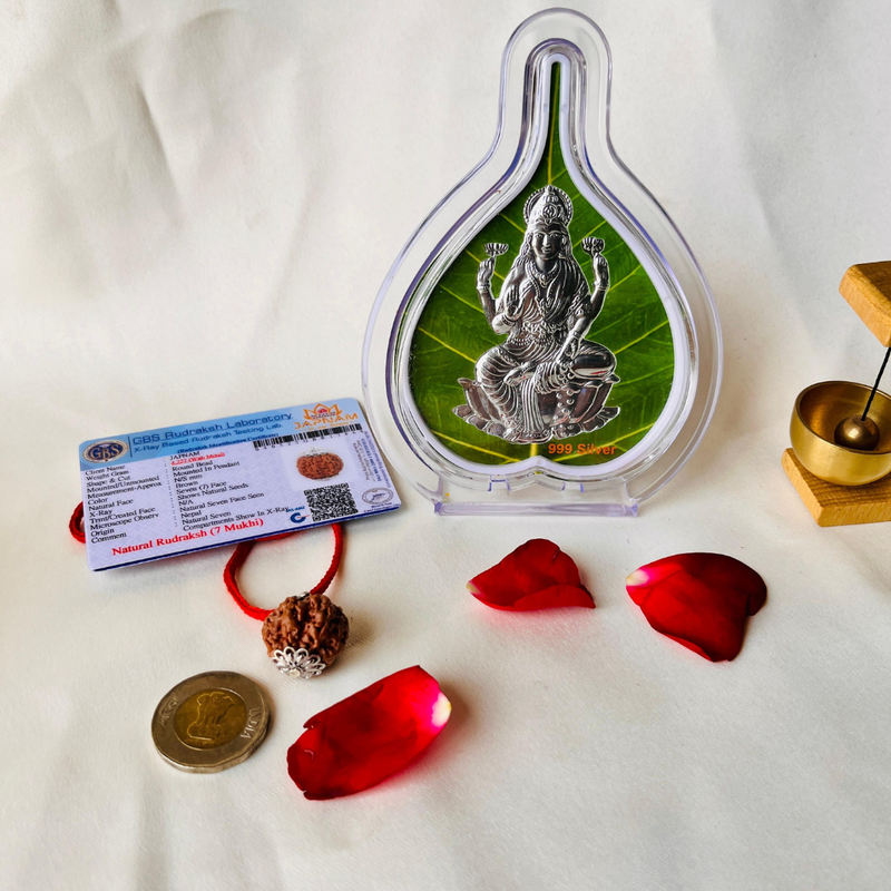 Lakshmi Kripa Combo – 7 Mukhi Rudraksha & 999 Silver Leaf Laxmi Ji Frame (Lab Certified) + 🎁 Mystery Gift