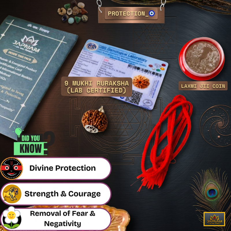 9 Mukhi Rudraksha (Original Nepali Origin & Lab Certified) + 🎁 Gift – Laxmi Ji Silver-Plated Coin