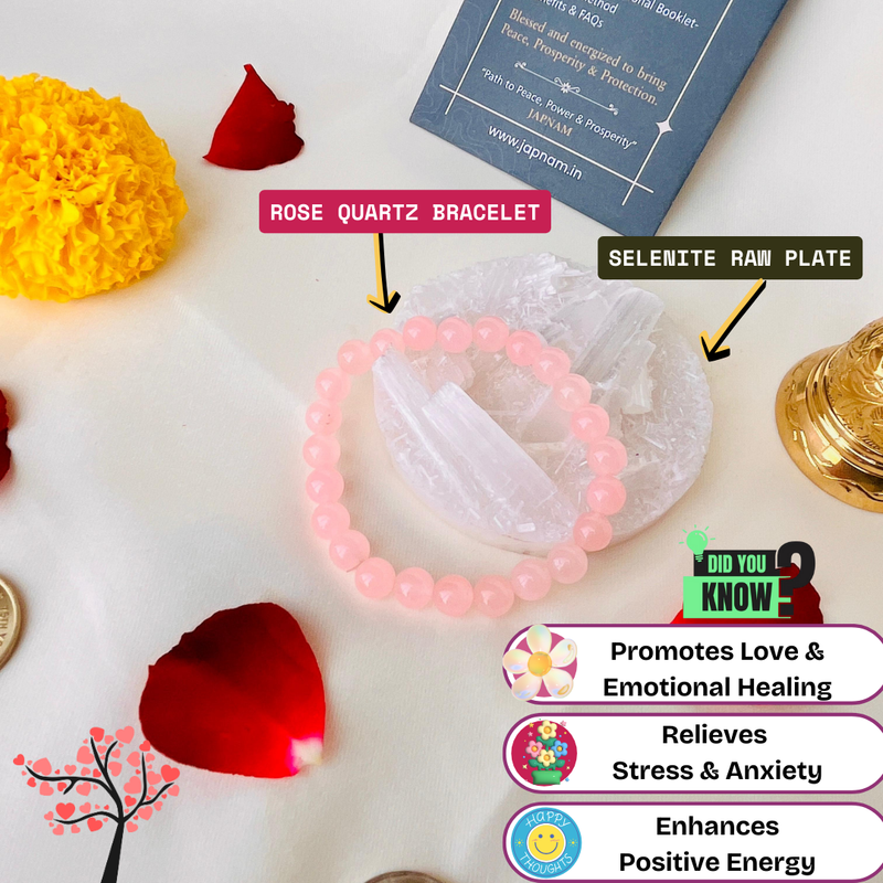 💖 Rose Quartz Bracelet + ✨ Selenite Plate Combo (Certified) + 🪙 Gift (Laxmi Ji Silver-Plated Coin)