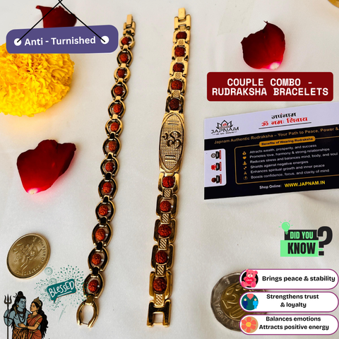 ✨ Elegant Om Rudraksha Gold-Plated Bracelet – Couple Combo (Anti-Tarnished & Authentic) + 🎁 Mysterious Gift