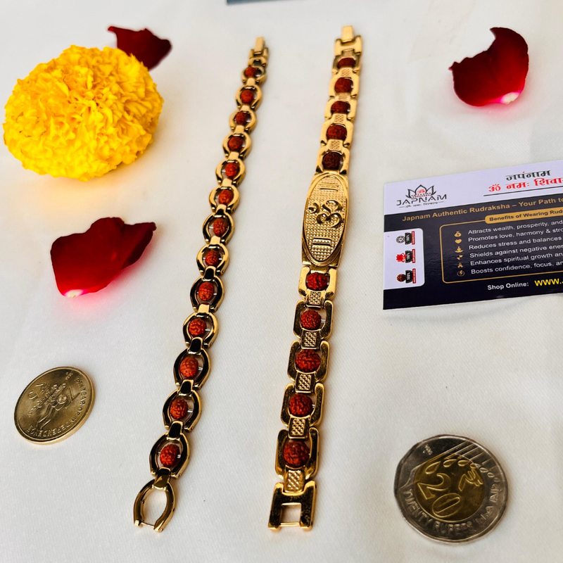 ✨ Elegant Om Rudraksha Gold-Plated Bracelet – Couple Combo (Anti-Tarnished & Authentic) + 🎁 Mysterious Gift