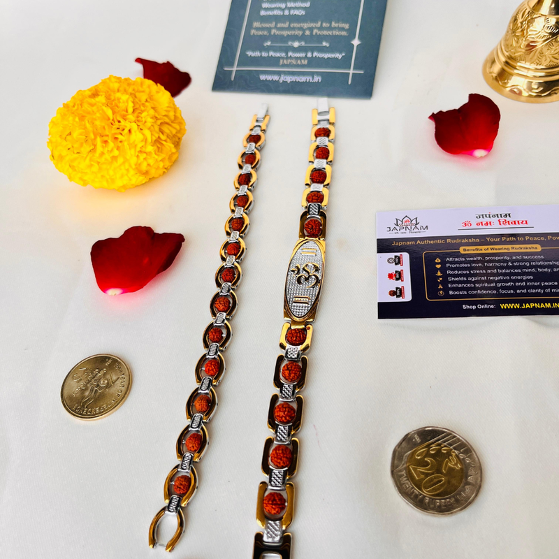 ✨ Elegant Om Rudraksha Dual-Tone Bracelet – Couple Combo (Anti-Tarnished & Authentic) + 🎁 Mysterious Gift