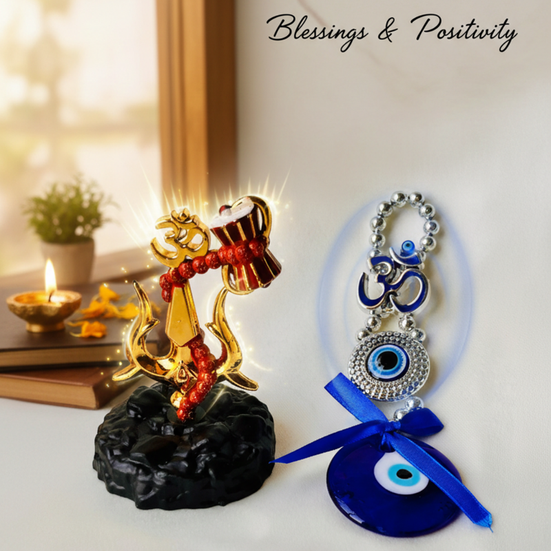 🔱 Divine Protection Combo – Golden Trishool-Damroo with Om & Rudraksha Idol + 🧿 Om Evil Eye Wall Hanging