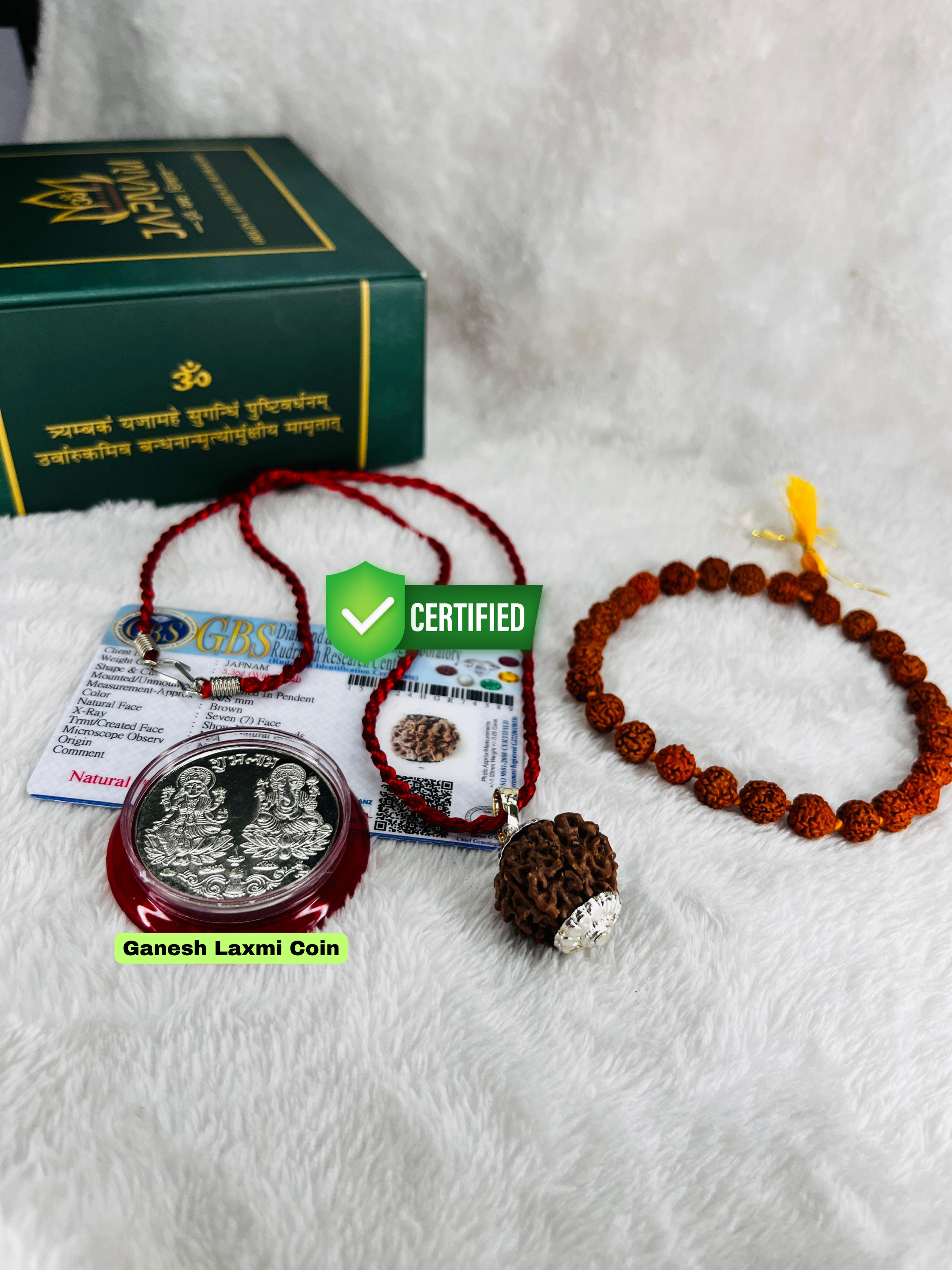 (1 +1+Gift) 7 Mukhi Rudraksha Combo + Divine 5 Mukhi Rudraksha Bracelet (Lab Certified) with Gift 🎁 Laxmi Silver Plated Coin