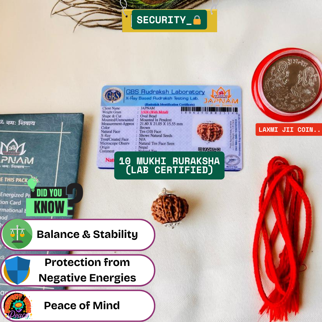 10 Mukhi Rudraksha (Original Nepali Origin & Lab Certified) + 🎁 Gift – Laxmi Ji Silver-Plated Coin