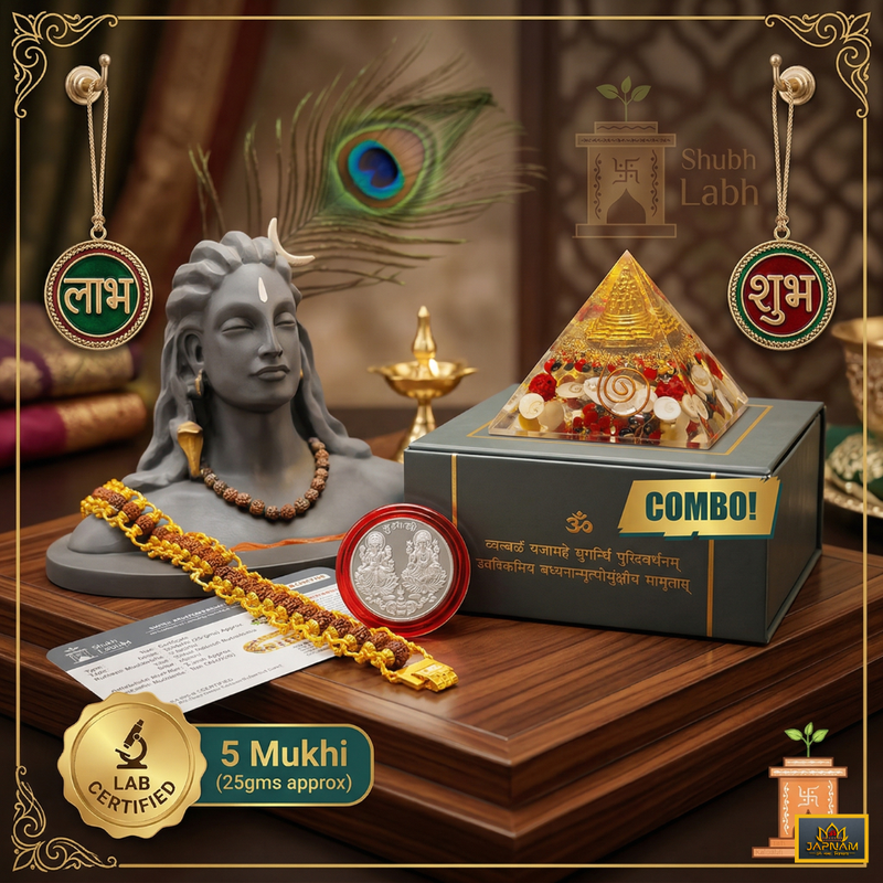 Dhan Laxmi Pyramid (For Wealth, Financial Stability and Prosperity) + Modern 5 Mukhi Rudraksha Bracelet + 𝐅𝐫𝐞𝐞 🎁 Laxmi Ganesha Silver Plated Coin