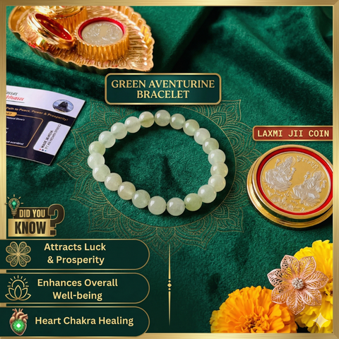 🍃 Green Aventurine Bracelet + 🪙 Gift (Laxmi Ji Silver-Plated Coin)