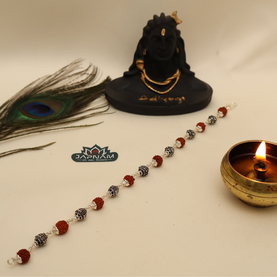 Original Silver & Authentic Rudraksha – Trishool Beads Bracelet || [925 Original Silver]