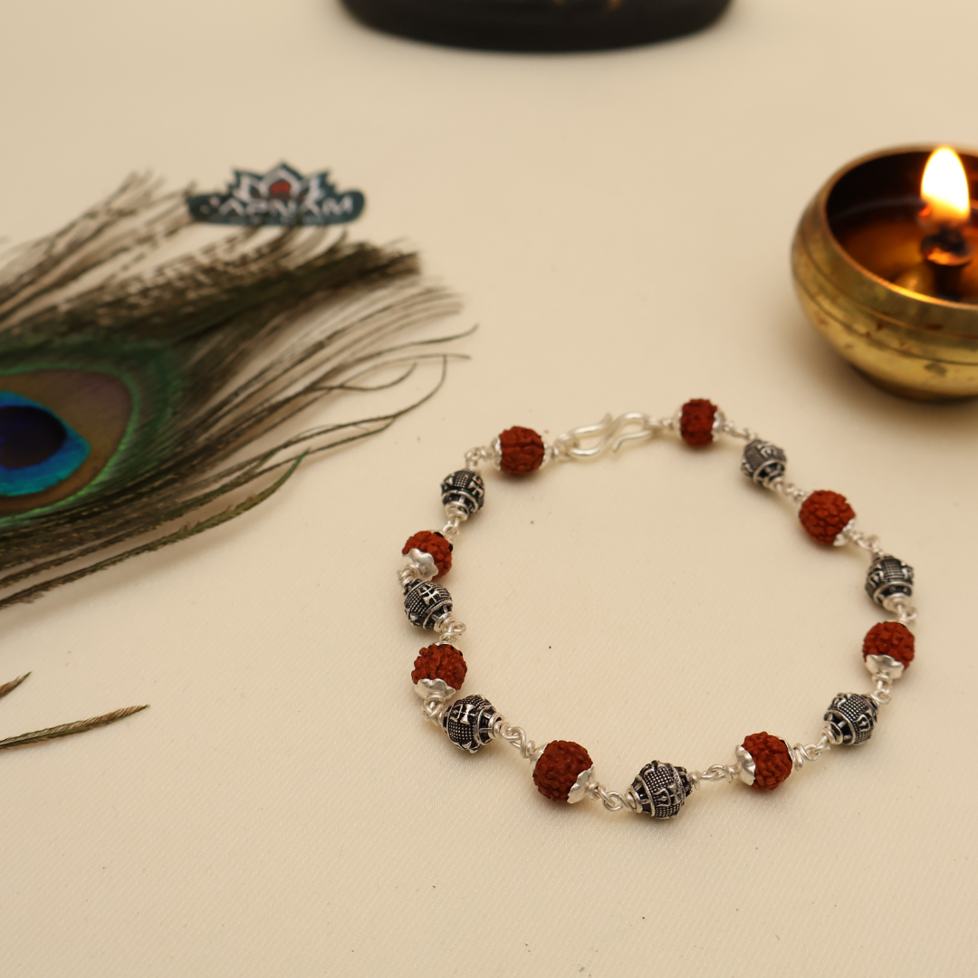 Original Silver & Authentic Rudraksha – Trishool Beads Bracelet || [925 Original Silver]