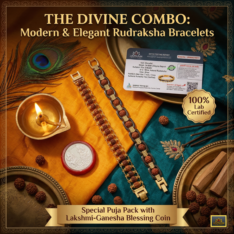 ✨ Modern Rudraksha Bracelet + Golden Elegant 5 Mukhi Bracelet Combo (Lab Tested) + Exclusive Mysterious 🎁 Gift